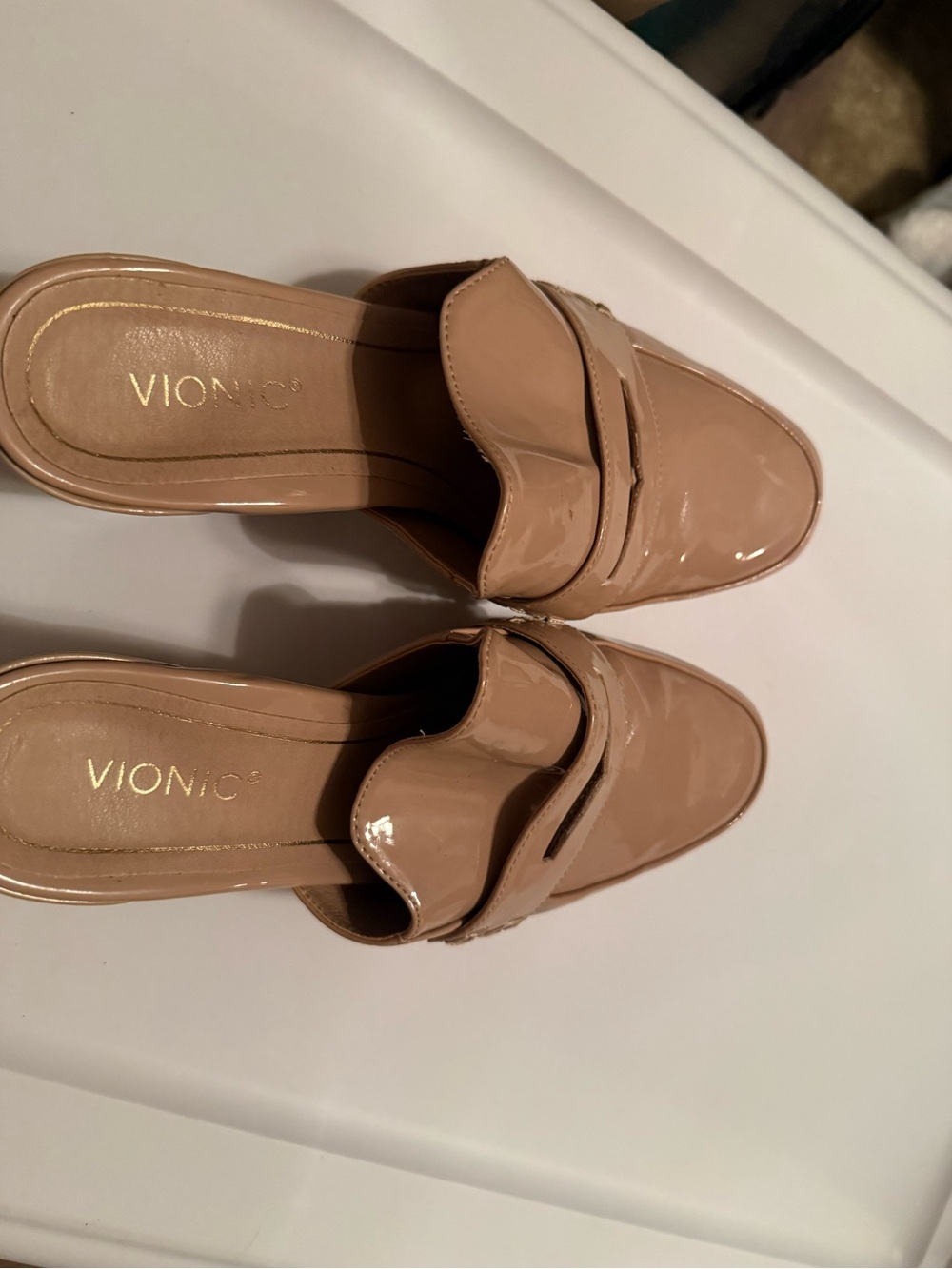 Vionic Patent Leather Nude Tan Slip-On Mules
